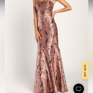 Gowning Around Mauve Floral Jacquard Strapless Maxi Dress